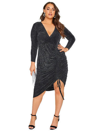 Rochie mare, elegantă, de primăvară, toamnă, înfășurată, rochie cu mânecă lungă, cu sclipici negru, rochie de petrecere, cu sclipici, de dimensiuni mari, 7XL