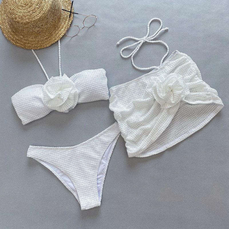 3 részes bikini női fürdőruhák 2024 női fürdőruha Strandruha fürdőruha fürdőruha bikini szett virágos szoknya Sarong biquini