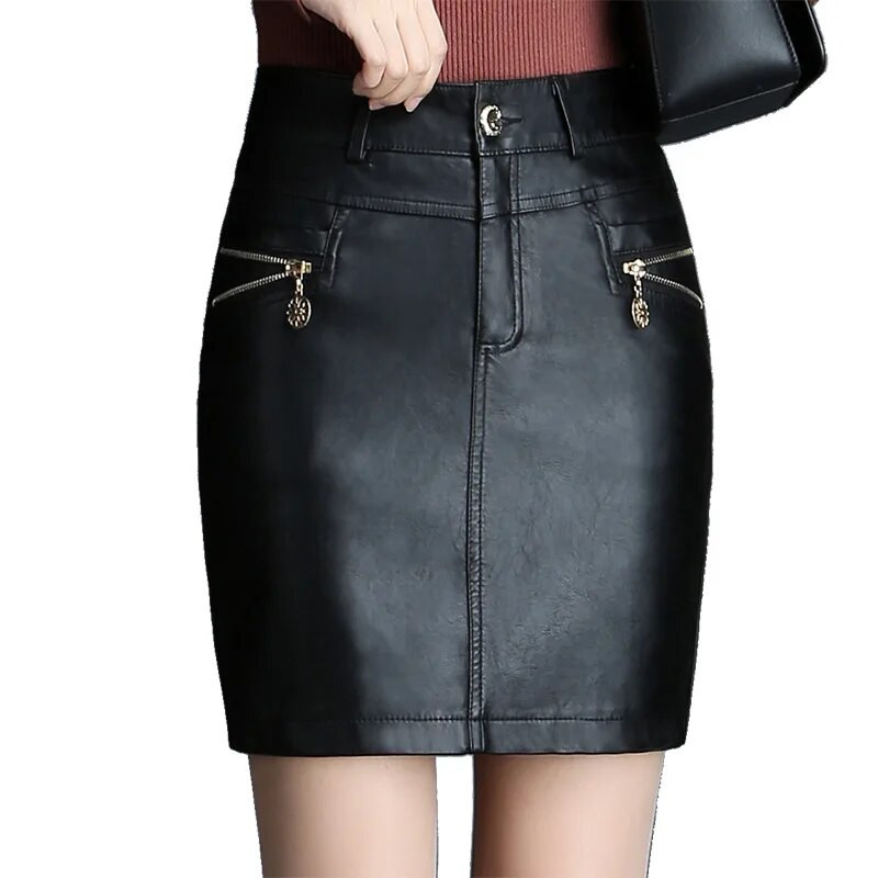 Plus Size 6XL Ψηλόμεση PU Faux Leather Γυναικεία φούστα Φερμουάρ Elegant λουστρίνι Pencil Μίνι φούστα μήκους Chic Streetwear