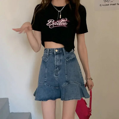 Estceque Nova traper suknja Ženska naborana mini suknja visokog struka Gotička crna Y2k suknja A-kroja Jeans suknje velikih veličina s ribljim repom