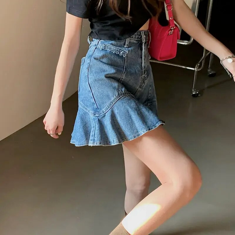 Estceque Nova traper suknja Ženska naborana mini suknja visokog struka Gotička crna Y2k suknja A-kroja Jeans suknje velikih veličina s ribljim repom