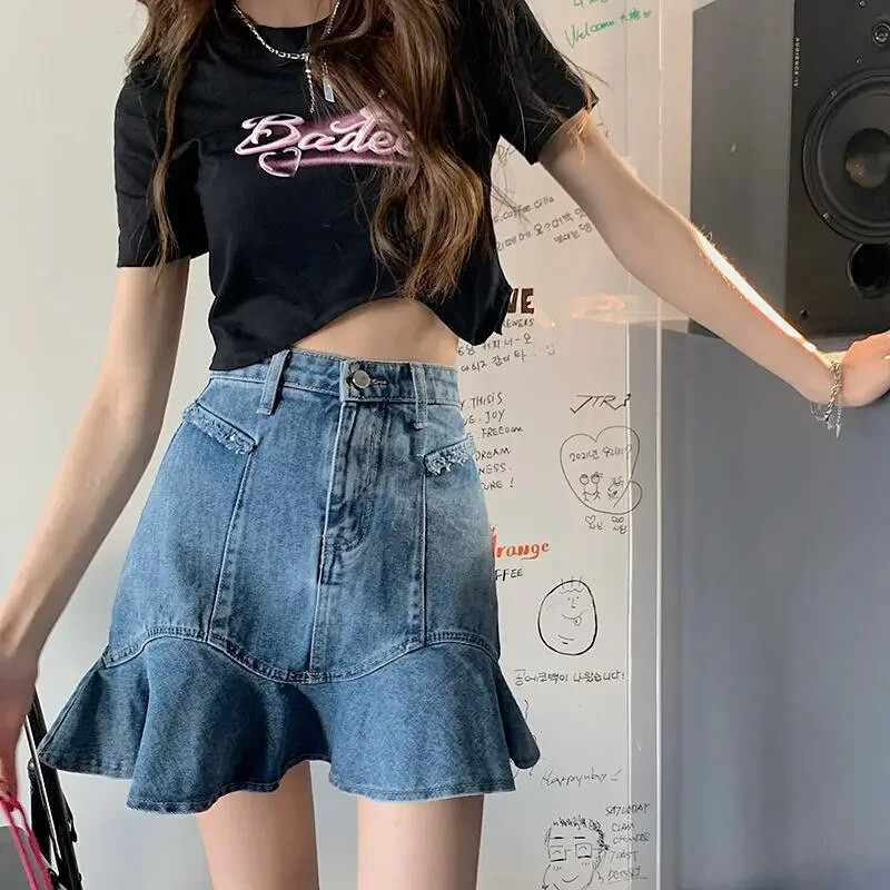 Estceque Nova traper suknja Ženska naborana mini suknja visokog struka Gotička crna Y2k suknja A-kroja Jeans suknje velikih veličina s ribljim repom