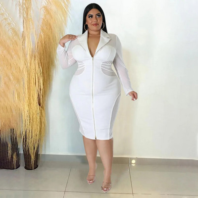 CM.YAYA Ženske mrežaste, patchwork, urezane, midi haljine s patentnim zatvaračem i dugim rukavima, veće veličine, seksi haljine za maturalnu zabavu s ravnim oblinama