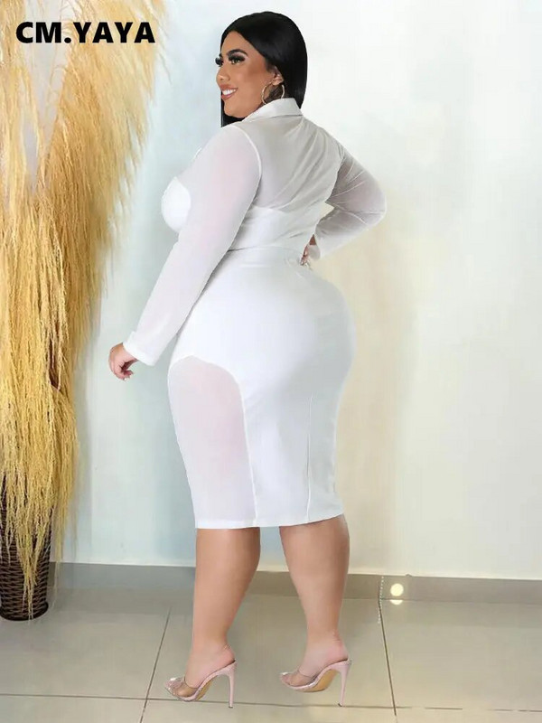 CM.YAYA Ženske mrežaste, patchwork, urezane, midi haljine s patentnim zatvaračem i dugim rukavima, veće veličine, seksi haljine za maturalnu zabavu s ravnim oblinama