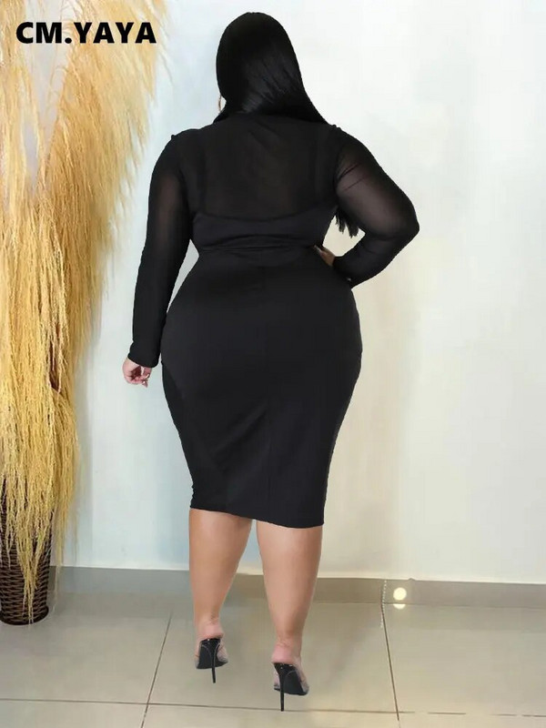 CM.YAYA Ženske mrežaste, patchwork, urezane, midi haljine s patentnim zatvaračem i dugim rukavima, veće veličine, seksi haljine za maturalnu zabavu s ravnim oblinama