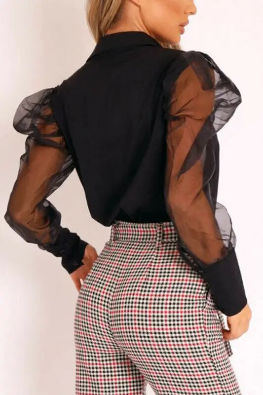 Seksi ženska bijela bluza Vintage Patchwork Puff Elegantna ženska košulja dugih rukava OL stila s otvorenim ovratnikom i prozirnim gornjim dijelovima
