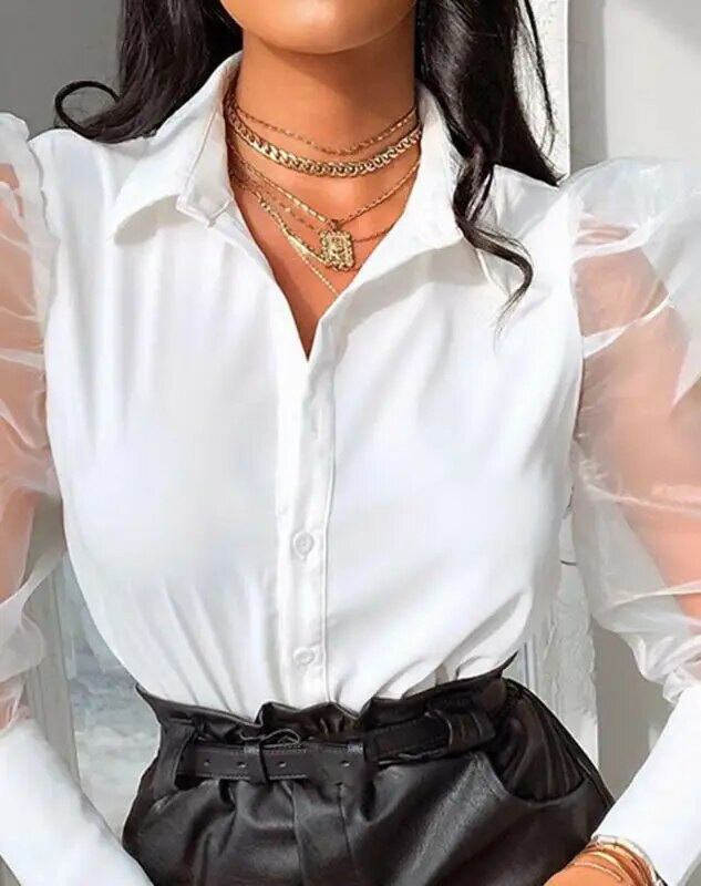Seksi ženska bijela bluza Vintage Patchwork Puff Elegantna ženska košulja dugih rukava OL stila s otvorenim ovratnikom i prozirnim gornjim dijelovima