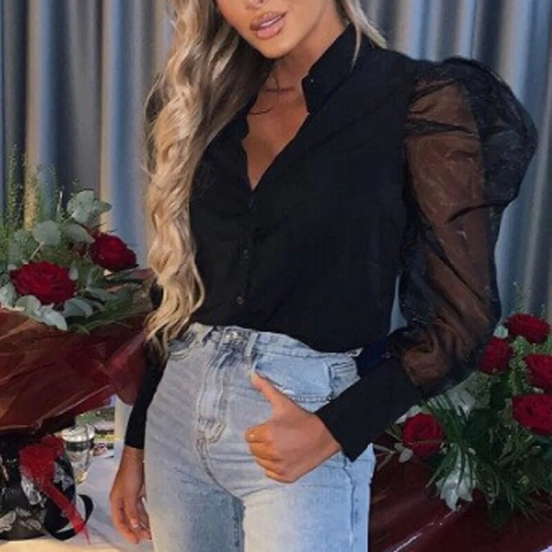 Seksi ženska bijela bluza Vintage Patchwork Puff Elegantna ženska košulja dugih rukava OL stila s otvorenim ovratnikom i prozirnim gornjim dijelovima