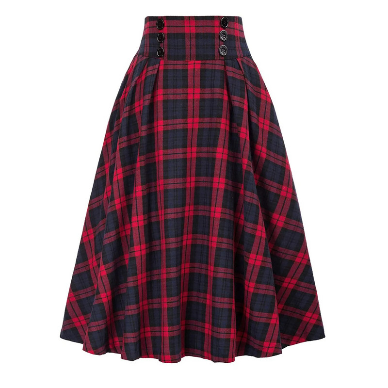 Ženska vintage plisirana karirana suknja jesen zima visokog struka korejskog stila elegantne midi suknje s ukrasom na gumbe suknja veće veličine