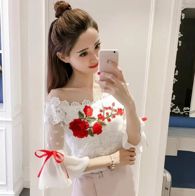 Νέο καλοκαιρινό γυναικείο πουκάμισο Γλυκό λουλουδάτο δαντέλα μπλούζα Flare μανίκι κάθετο λαιμό εξώπλατο κέντημα διχτυωτό μπλούζες Κοντές μπλούζες μπλούζα SF922