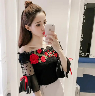 Νέο καλοκαιρινό γυναικείο πουκάμισο Γλυκό λουλουδάτο δαντέλα μπλούζα Flare μανίκι κάθετο λαιμό εξώπλατο κέντημα διχτυωτό μπλούζες Κοντές μπλούζες μπλούζα SF922