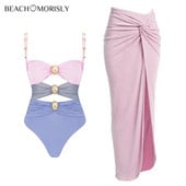 2024 Új színes blokk kivágás, fényes textúrájú egyrészes fürdőruha és Sarong nyaralási fürdőruha Női strandruha fürdőruha