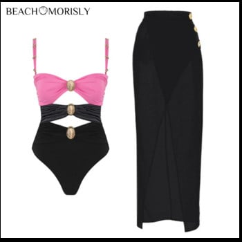 2024 New Color Block Cutout Shiny Texture One Piece μαγιό και Sarong Vacation μαγιό Γυναικεία ρούχα παραλίας Μαγιό