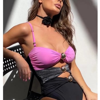 2024 New Color Block Cutout Shiny Texture One Piece μαγιό και Sarong Vacation μαγιό Γυναικεία ρούχα παραλίας Μαγιό