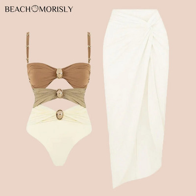 2024 Új színes blokk kivágás, fényes textúrájú egyrészes fürdőruha és Sarong nyaralási fürdőruha Női strandruha fürdőruha