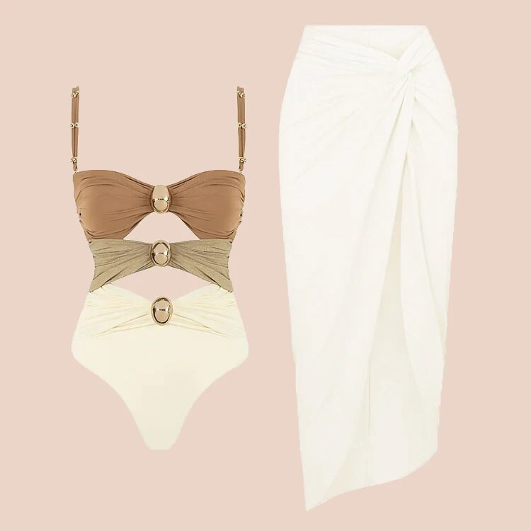 2024 Új színes blokk kivágás, fényes textúrájú egyrészes fürdőruha és Sarong nyaralási fürdőruha Női strandruha fürdőruha