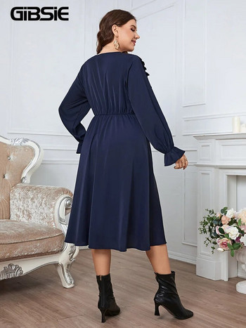 GIBSIE Plus Size μονόχρωμο κουμπάκι μπροστινό μπλουζάκι μίντι γυναικεία ανοιξιάτικα φθινοπωρινά casual μακρυμάνικο γυναικείο ελαστικό φόρεμα σε γραμμή Α