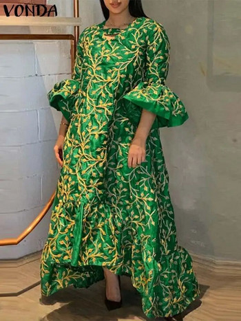 Плюс размер 5XL VONDA Дълга рокля 2023 Дамска ретро макси сарафан с флорални щампи Секси V-образно деколте с изпъкнал ръкав Свободна роба с волани