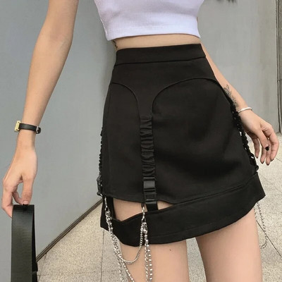 Black Hole Bodycon Summer Warp Plus Size Pencil Skirts Women New Hip Pop Chain High Waist Gothic Mini Skirts Female Streetwear