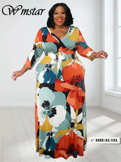 Wmstar Plus Size Dresses for  Women Flral Printed Fashion Long Sleeve Big Hem Fall Clothes Maxi Dresses Wholesale Dropshipping