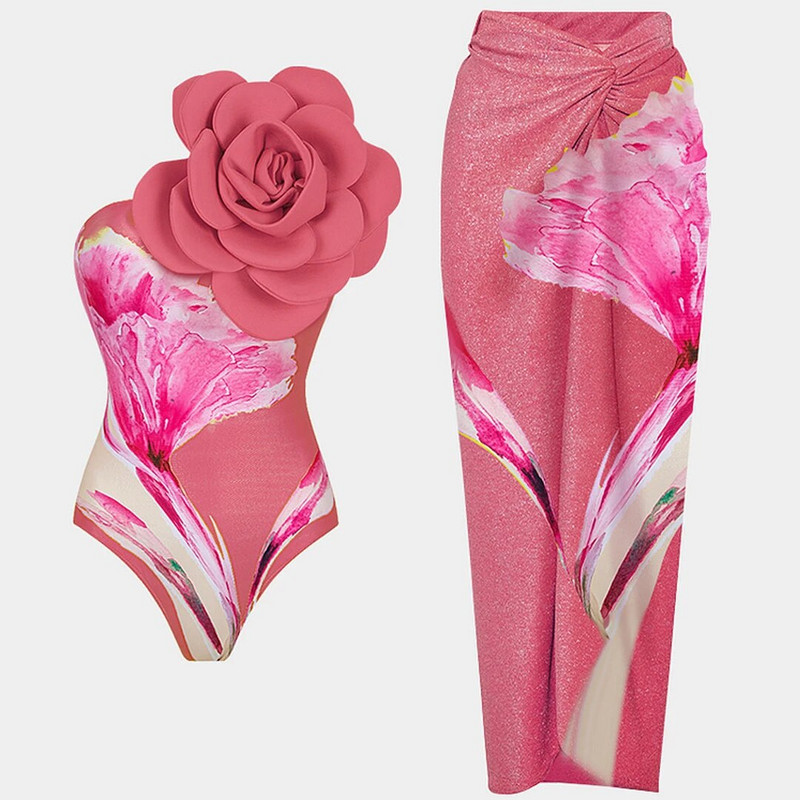 2024 m. Naujas 3D gėlių vieno peties maudymosi kostiumėlis moterims maudymosi kostiumėlis su sijonu, maudymosi kostiumėlis Monokini Beach Bodysuit Beach Wear
