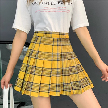 Νέα καλοκαιρινή γλυκιά ψηλόμεση κίτρινη καρό κοντή φούστα σε σχήμα Α και πλισέ κοντή φούστα XS-5XL