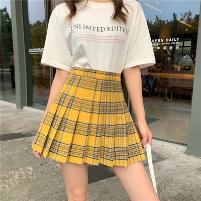 Νέα καλοκαιρινή γλυκιά ψηλόμεση κίτρινη καρό κοντή φούστα σε σχήμα Α και πλισέ κοντή φούστα XS-5XL
