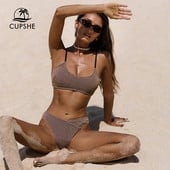 CUPSHE Bikini kompleti s rebrastim širokim izrezom srednjeg struka, kupaći kostimi za žene, seksi majica bez rukava, dvodijelna odjeća za plažu, kupaći kostimi za 2023.
