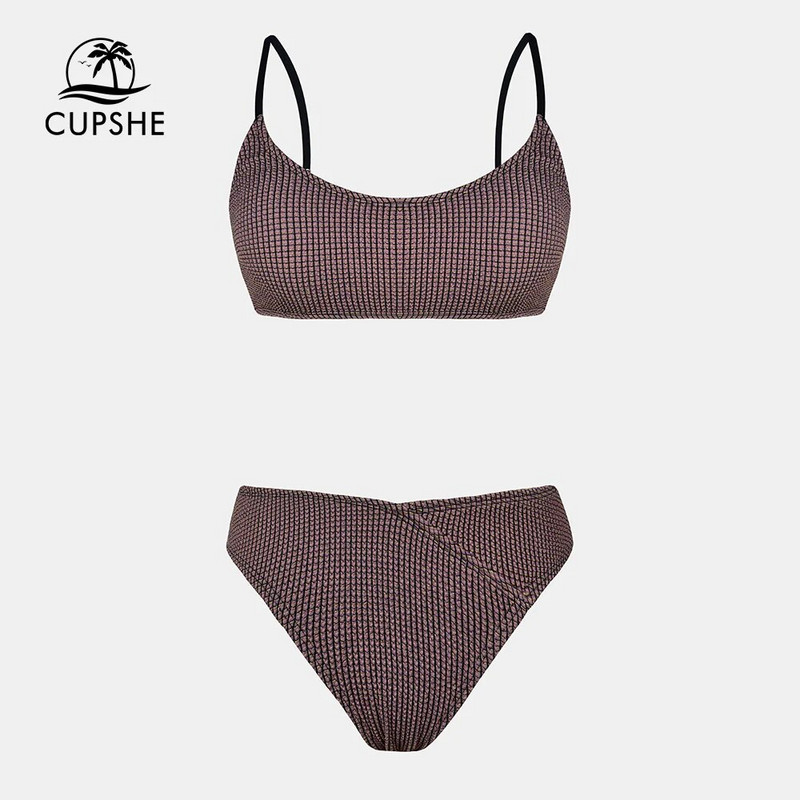 CUPSHE Bikini kompleti s rebrastim širokim izrezom srednjeg struka, kupaći kostimi za žene, seksi majica bez rukava, dvodijelna odjeća za plažu, kupaći kostimi za 2023.
