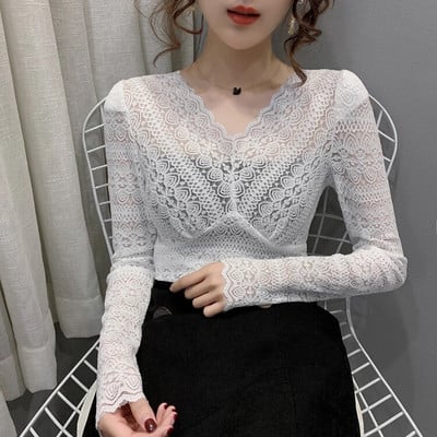 Mergaičių nėriniuotos palaidinės Marškiniai Marškinėliai Moteriški tuščiaviduriai V formos iškirpte pilnomis rankovėmis Elegantiški Sweet 2021 m. pavasario tamprių marškinių viršutiniai drabužiai moterims