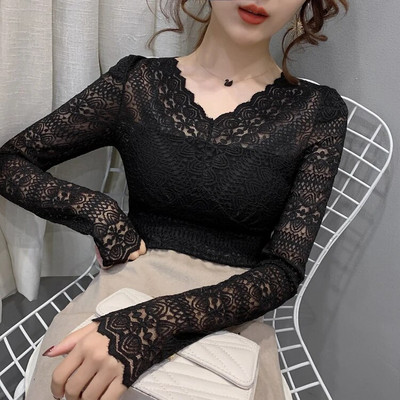 Mergaičių nėriniuotos palaidinės Marškiniai Marškinėliai Moteriški tuščiaviduriai V formos iškirpte pilnomis rankovėmis Elegantiški Sweet 2021 m. pavasario tamprių marškinių viršutiniai drabužiai moterims