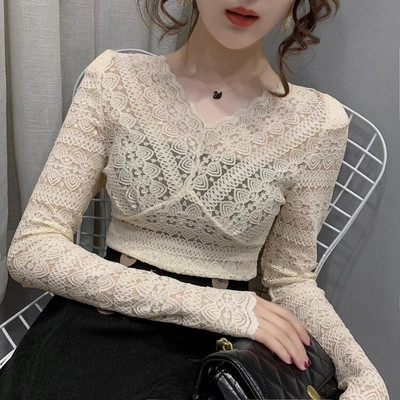 Mergaičių nėriniuotos palaidinės Marškiniai Marškinėliai Moteriški tuščiaviduriai V formos iškirpte pilnomis rankovėmis Elegantiški Sweet 2021 m. pavasario tamprių marškinių viršutiniai drabužiai moterims