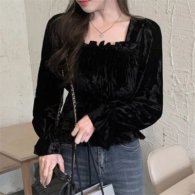 Chic korejski slatki, meki baršunasti vrhovi s peplumom, ženske široke rukave bez naramenica, elegantna odjeća za izlazak, vintage košulja, bluza