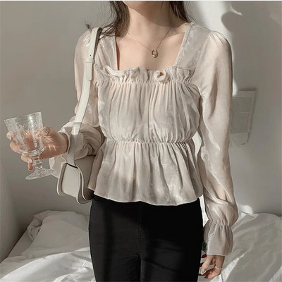 Chic korejski slatki, meki baršunasti vrhovi s peplumom, ženske široke rukave bez naramenica, elegantna odjeća za izlazak, vintage košulja, bluza