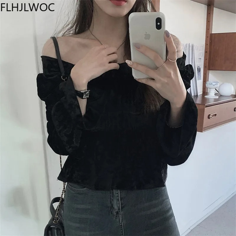 Chic korejski slatki, meki baršunasti vrhovi s peplumom, ženske široke rukave bez naramenica, elegantna odjeća za izlazak, vintage košulja, bluza