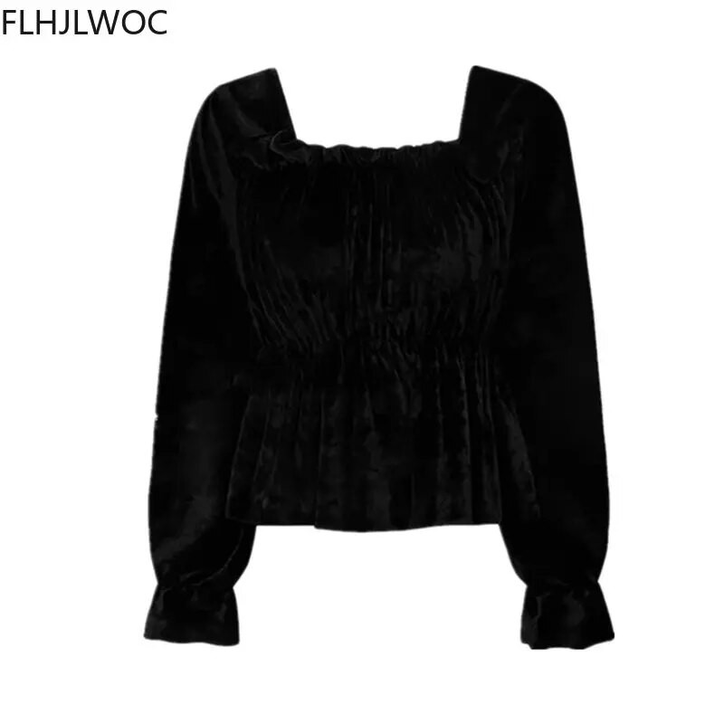 Chic korejski slatki, meki baršunasti vrhovi s peplumom, ženske široke rukave bez naramenica, elegantna odjeća za izlazak, vintage košulja, bluza
