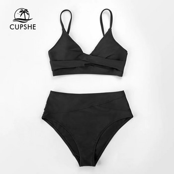 CUPSHE Solid Black Twist Σετ μπικίνι με ψηλόμεσο γυναικείο μαγιό Sexy V-neck Tank Two Pieces Swimwear 2023 Μαγιό παραλίας