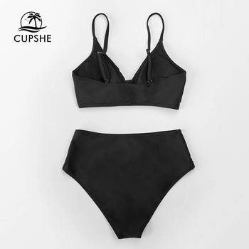 CUPSHE Solid Black Twist Σετ μπικίνι με ψηλόμεσο γυναικείο μαγιό Sexy V-neck Tank Two Pieces Swimwear 2023 Μαγιό παραλίας