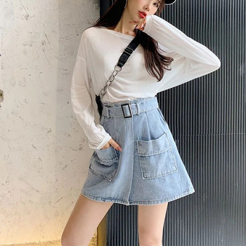 Καλοκαιρινή σέξι τζιν φούστα 2023 Γυναικεία μόδα με τσέπες ζώνης Μίνι φούστα Γυναικεία Κορεάτικη ψηλόμεση συν μέγεθος 5Xl φούστες σε γραμμή Α