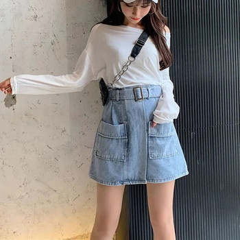Καλοκαιρινή σέξι τζιν φούστα 2023 Γυναικεία μόδα με τσέπες ζώνης Μίνι φούστα Γυναικεία Κορεάτικη ψηλόμεση συν μέγεθος 5Xl φούστες σε γραμμή Α