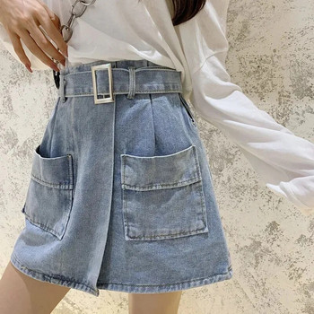 2023 Лятна секси дънкова пола Дамска мода с джобове на колан Мини пола Дамска корейска висока талия Плюс размер 5Xl A-силует Поли