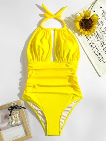 2023 Ruched Halter Μαγιό One Piece Σέξι μαγιό με ψηλό λαιμό Γυναικεία μαγιό Solid Bathers Γυναικεία μαγιό καλοκαιρινά ρούχα παραλίας