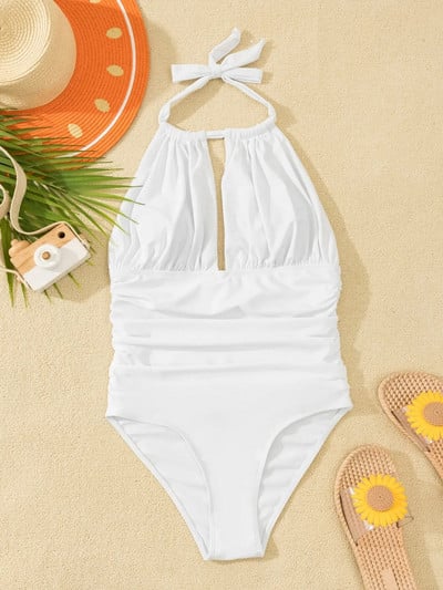 2023 Jednodijelni kupaći kostim s naborima i visokim izrezom Jednodijelni kupaći kostim s visokim izrezom Ženski jednobojni kupaći kostim Ženski kupaći kostim Ljetna odjeća za plažu