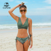 CUPSHE Lace Up Mid Waist Σετ μπικίνι Γυναικεία Σέξι με λαιμόκοψη Twist Two Pieces Μαγιό 2023
