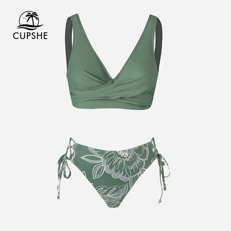 CUPSHE Lace Up Mid Waist Σετ μπικίνι Γυναικεία Σέξι με λαιμόκοψη Twist Two Pieces Μαγιό 2023