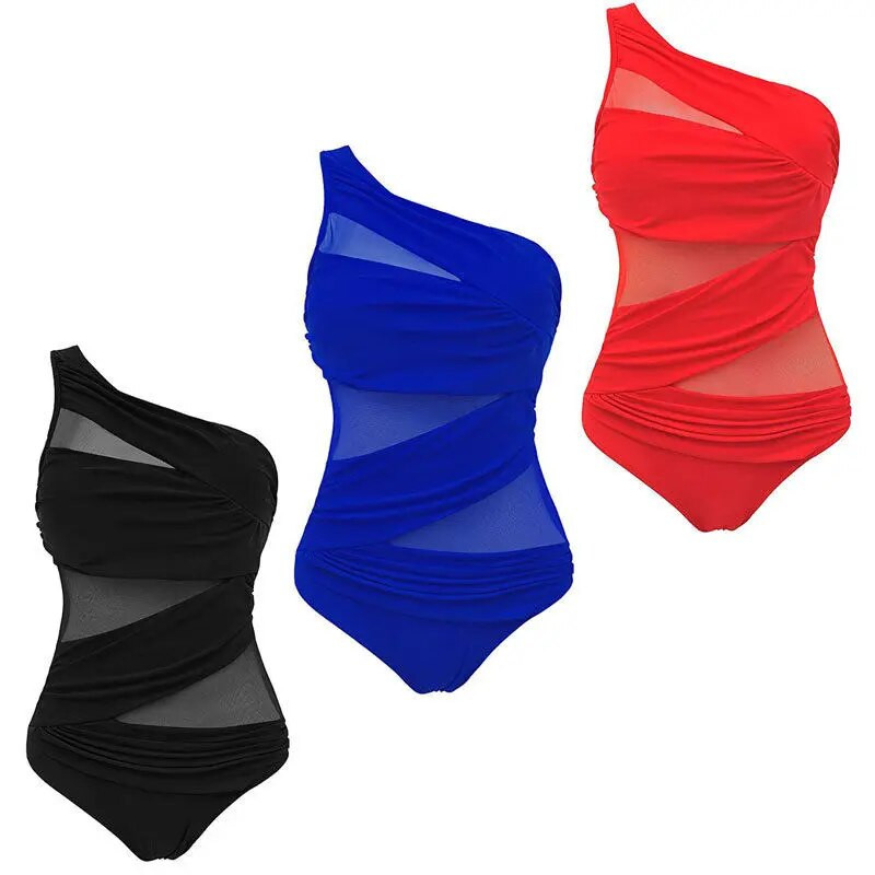 Μεγάλο μέγεθος Γυναικείο One Piece Mesh Επίδεσμος Μπικίνι Μαγιό One Shoulder Push Up Monokini Μαγιό Μαγιό XL XXL Beachwear Κόκκινο