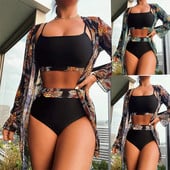 Popularno prodavani ženski bikini odijelo od 3 komada, crno/zeleno/crveni bikini kompleti s pokrivalima dugih rukava, visokokvalitetne veličine, male-XX velike