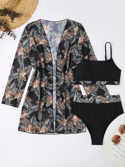Popularno prodavani ženski bikini odijelo od 3 komada, crno/zeleno/crveni bikini kompleti s pokrivalima dugih rukava, visokokvalitetne veličine, male-XX velike