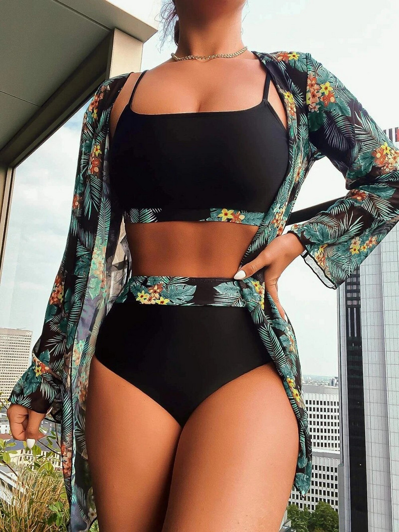 Popularno prodavani ženski bikini odijelo od 3 komada, crno/zeleno/crveni bikini kompleti s pokrivalima dugih rukava, visokokvalitetne veličine, male-XX velike