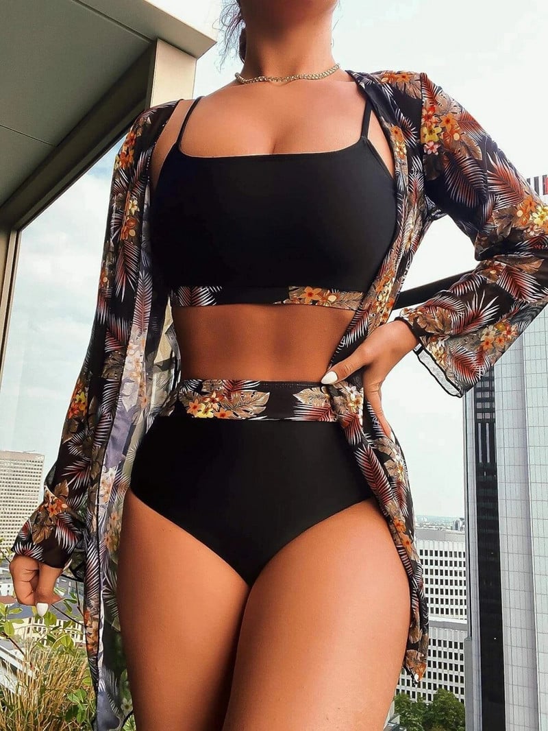 Popularno prodavani ženski bikini odijelo od 3 komada, crno/zeleno/crveni bikini kompleti s pokrivalima dugih rukava, visokokvalitetne veličine, male-XX velike